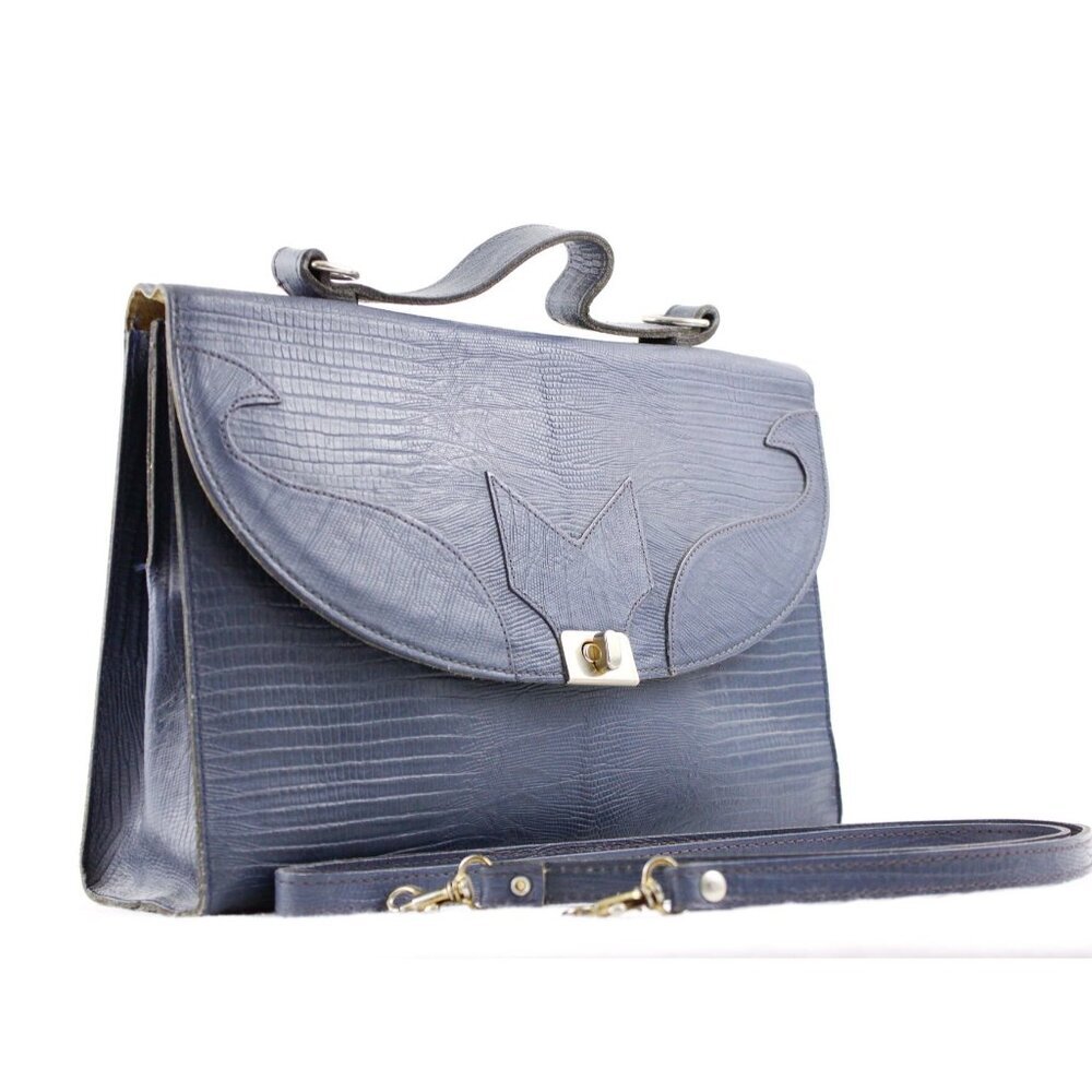 Vintage blue leather crossbody purse, snake imprint handbag two way handbag